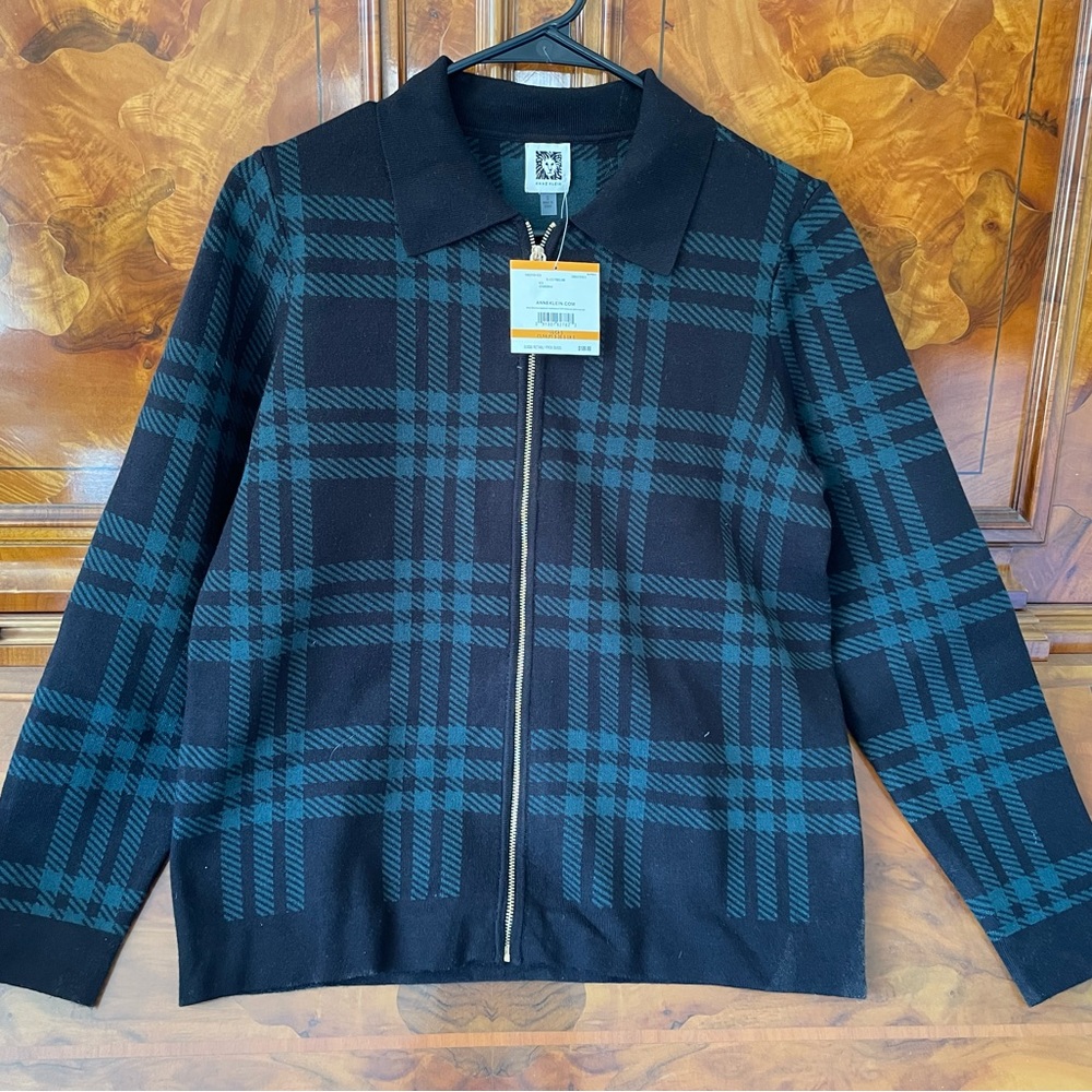 Anne Klein BLACK/TREELINE green & black patterned sweater